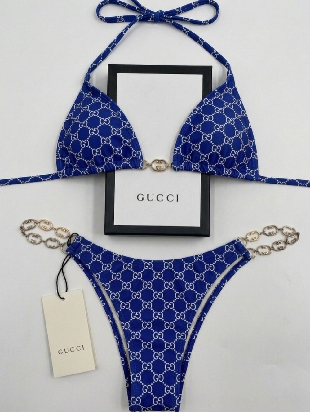 NWT 💙✨GUCCI ✨💙 Blue Monogram Bikini with Gold Chains - Fits S to M